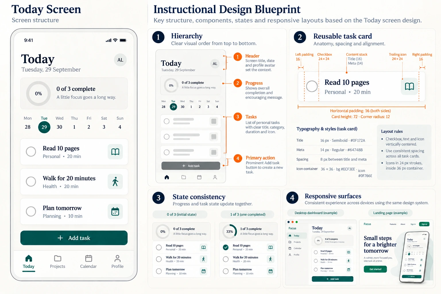Teaching design blueprint with the Today screen, an enlarged task card, consistent zero-of-three and one-of-three states, and desktop and landing-page layout studies.