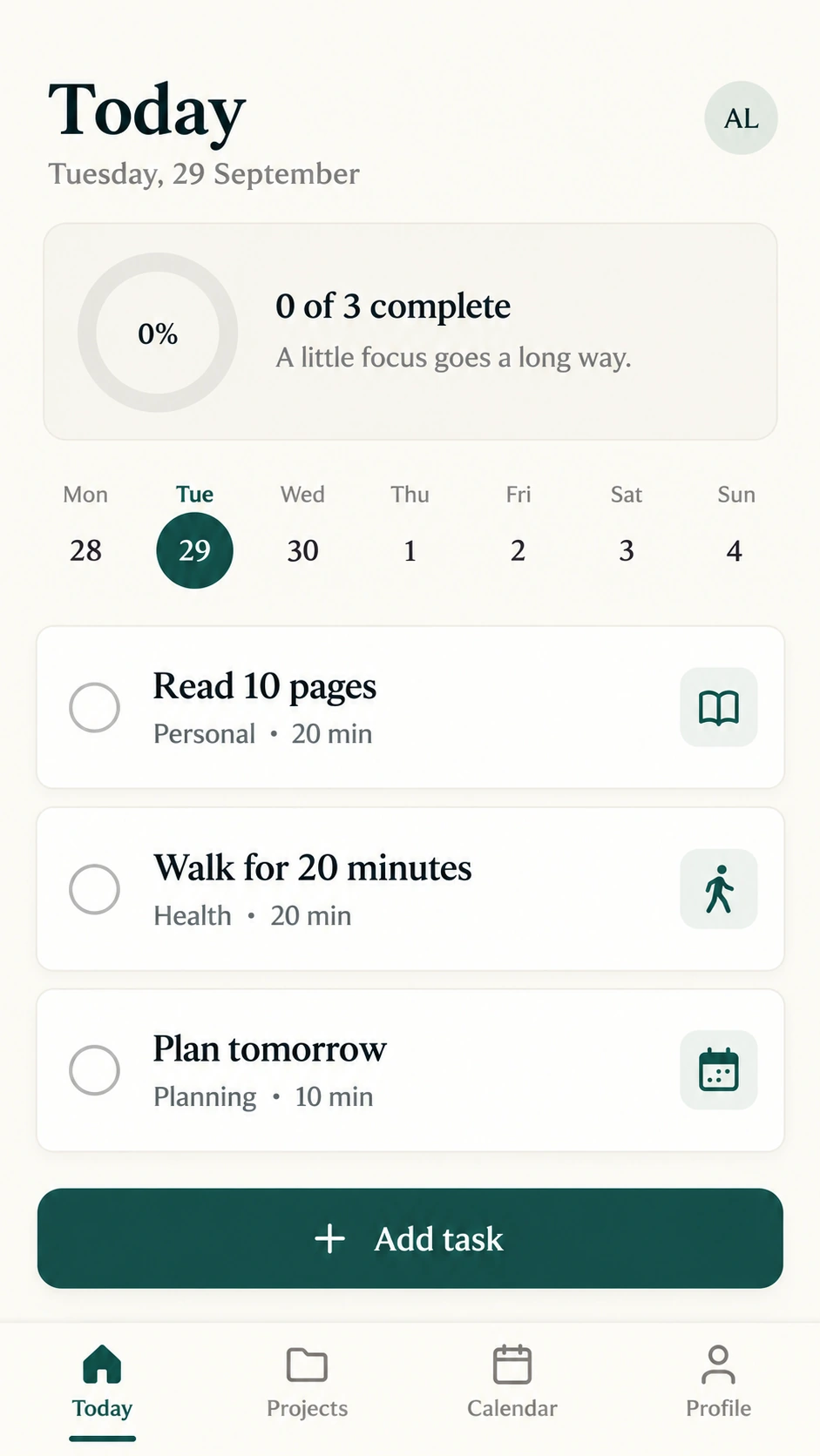 Today mobile concept with zero completed tasks, a weekly date strip, three empty checkboxes, an Add task button, and four navigation items.