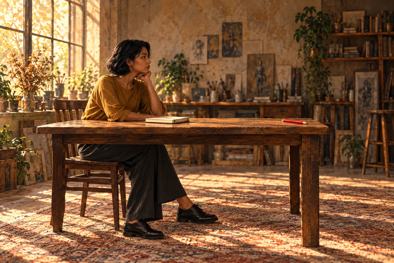 Codex-generated scene reference showing Mira seated on the left and facing right at a wooden table, with a closed cream notebook and one red pencil near the table’s right edge.