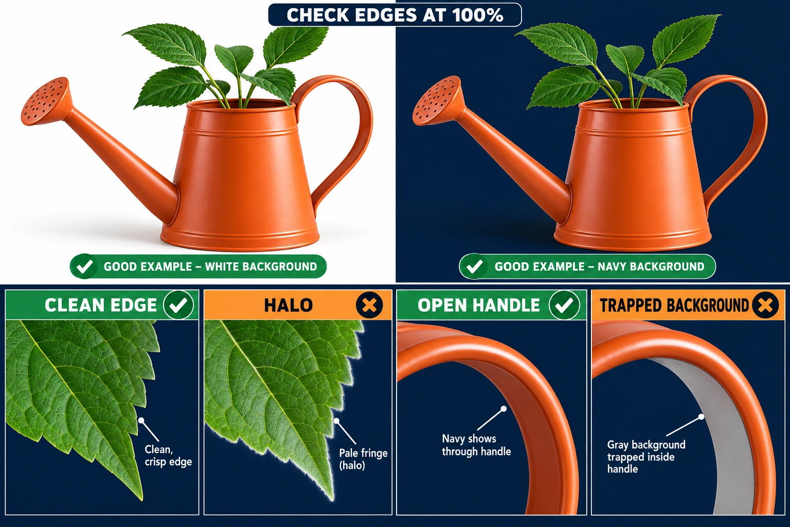Codex-generated opaque teaching comparison of the same watering can against white and dark navy backgrounds, showing the handle opening matching each surrounding background.
